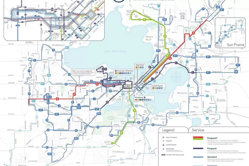 A map of the city of Madison’s public transit routes.